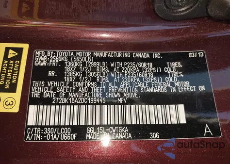 2013 Lexus Rx 350 z USA, uszkodzony, nr VIN 2T2BK1BA2DC199445